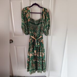 Flying Tomato Green and Cream Floral Long Sleeve Dress